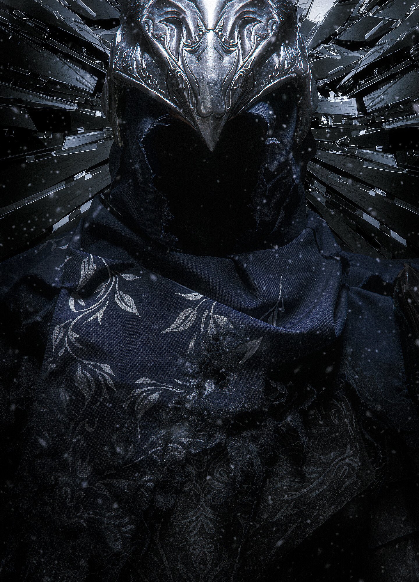 Artorias (Dark Souls) from the Dark Souls video game: a dark-armored knight in an ornate spiked helm and patterned cloak, face shadowed, metal wing-like spines and drifting ash.