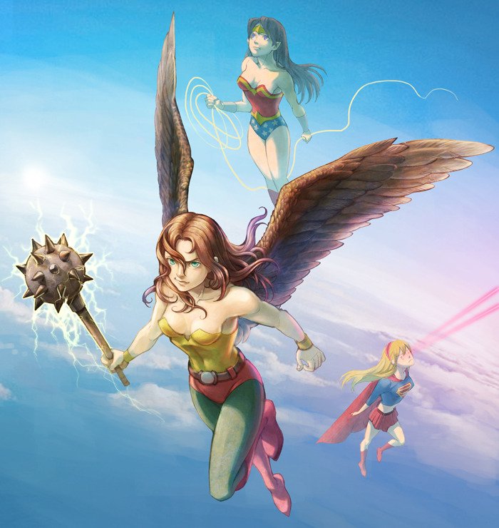 Download Kara Zor‑El Diana Prince Lasso Of Truth Flying Mace Wings Hawkgirl (DC Comics) Supergirl Wonder Woman Comic Justice League Art