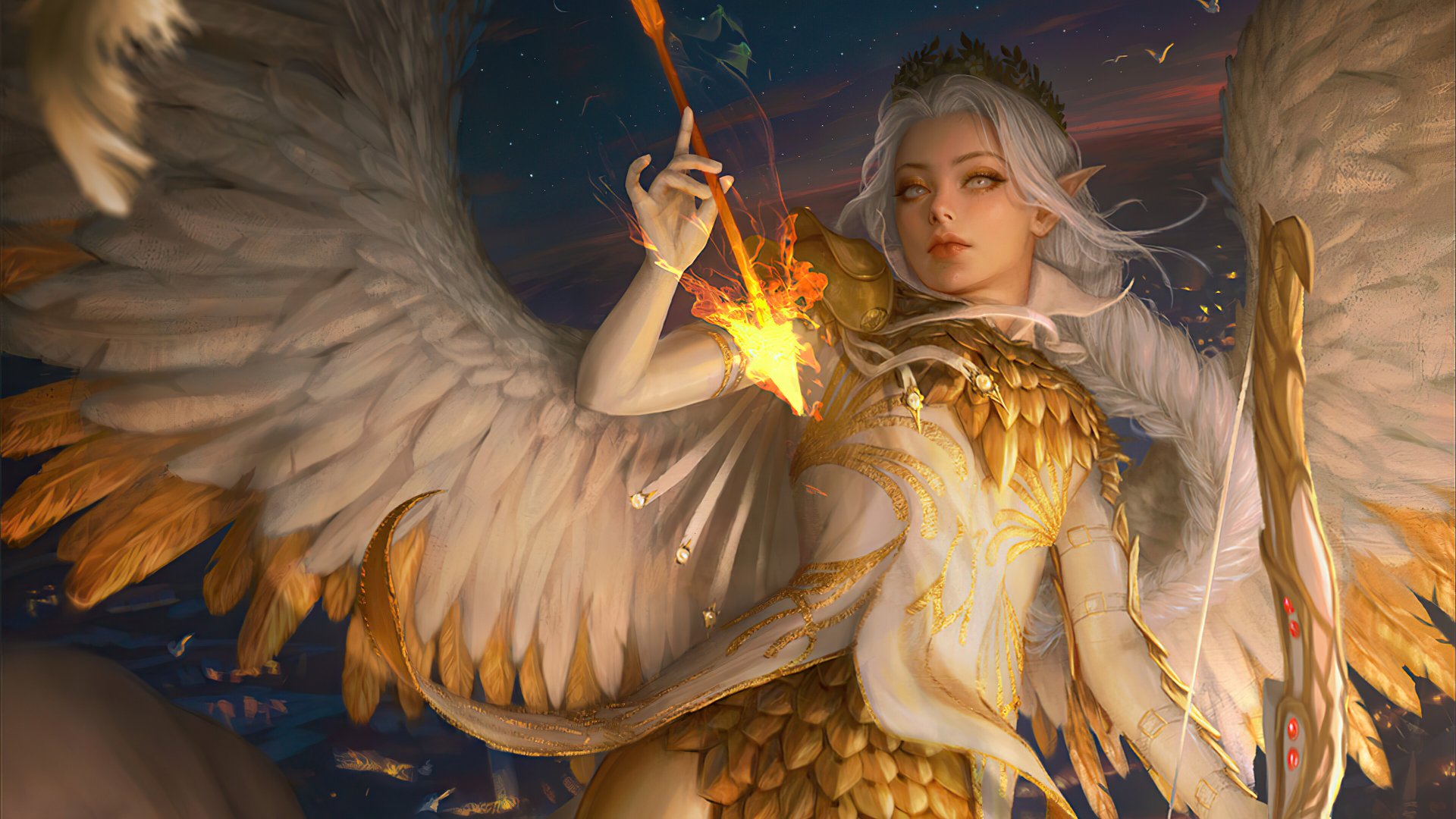 A majestic angel warrior with large, detailed wings holds a glowing weapon, surrounded by a fantasy atmosphere.