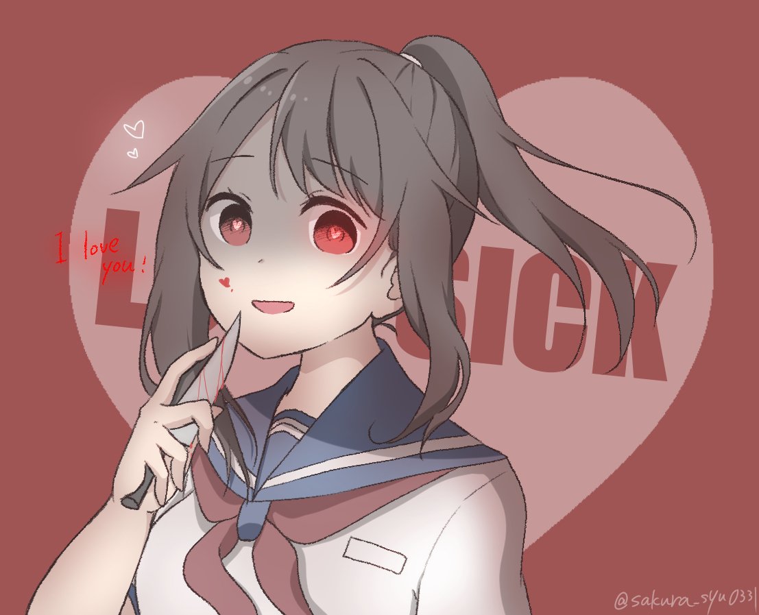 Ayano Aishi (Yandere-chan) from the video game Yandere Simulator: schoolgirl with gray twin-tails and red eyes in a sailor uniform, finger to lips against a heart-shaped background.