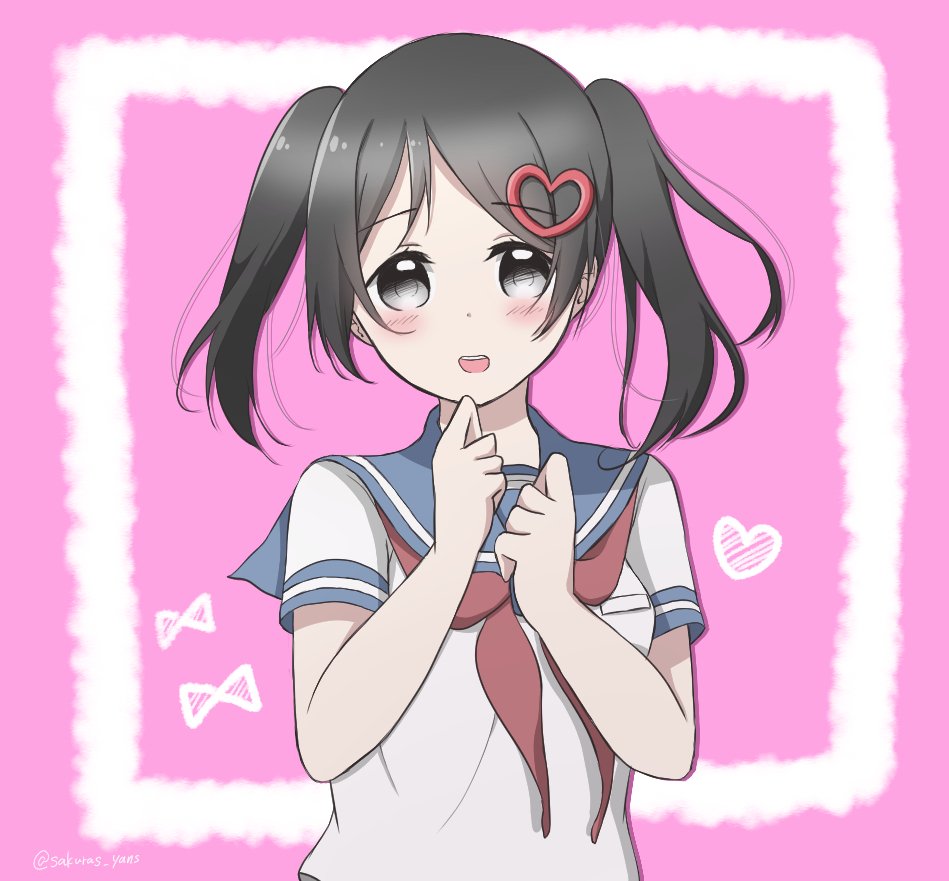 Hanako Yamada from Yandere Simulator — blushing anime schoolgirl in a sailor uniform with twin pigtails and a heart hairclip, clasping her hands against a pink background.