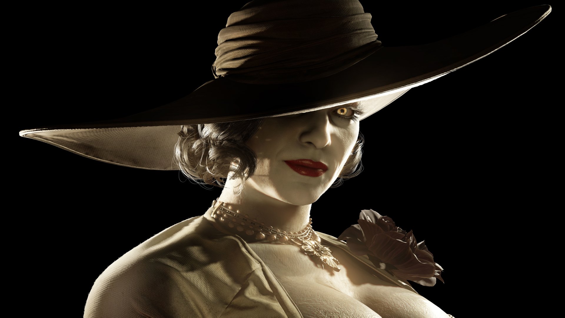 Alcina Dimitrescu from the video game Resident Evil Village wears a wide-brimmed hat and elegant attire, with a mysterious expression against a dark background.