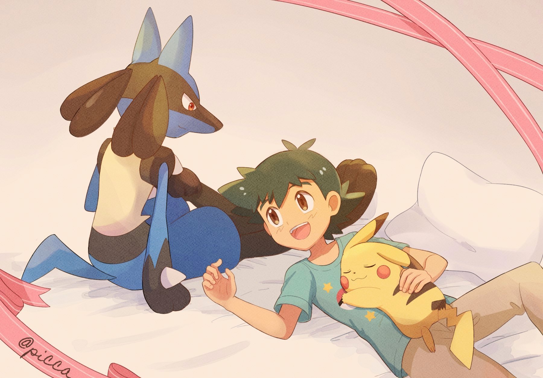 Anime-style Ash Ketchum with black hair and brown eyes in pajamas lies on a bed, hugging a sleepy Pikachu while a Lucario sits watchfully beside him.