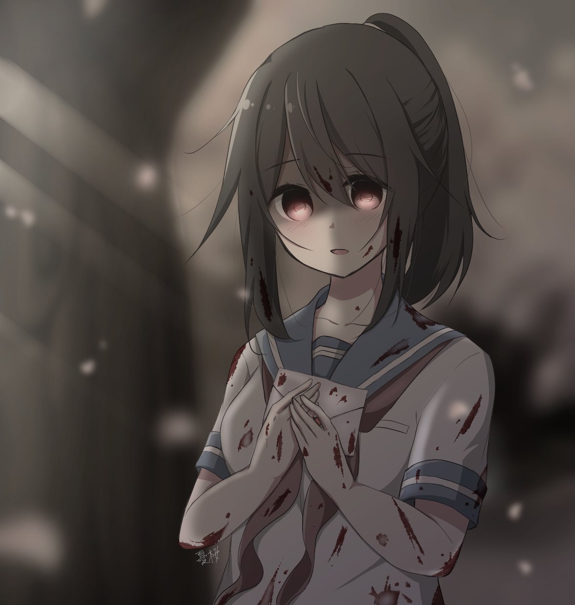 Ayano Aishi from Yandere Simulator in a blood-stained school uniform, hands clasped, haunted eyes and a somber expression, standing in a dim, blurred corridor.