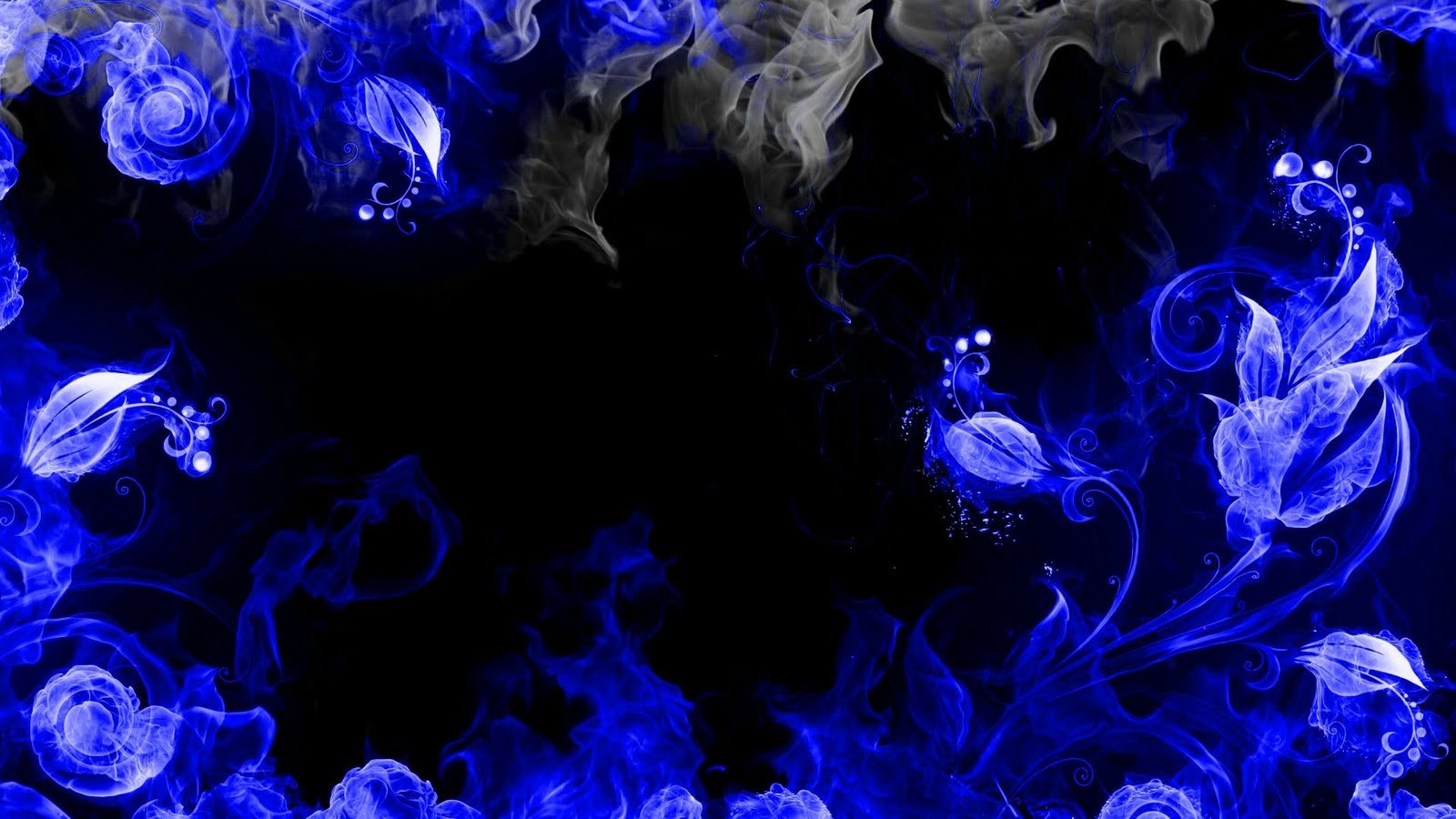 Abstract blue smoke swirls against a black background, forming delicate floral and spiral patterns around the edges.