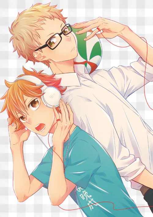 Haikyū!!'s Shōyō Hinata (orange hair, headphones) and Kei Tsukishima (blonde, glasses) pose together, Hinata leaning on Tsukishima who holds a volleyball.