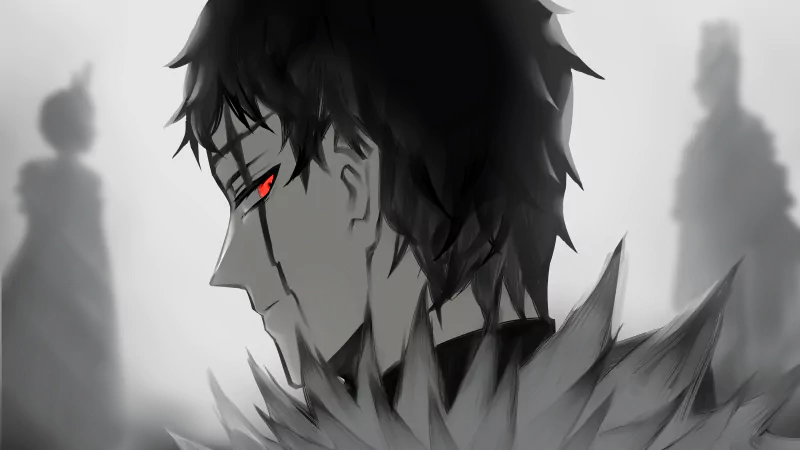 Monochrome Black Clover anime scene: side profile of a dark-haired figure with a glowing red eye and streaked markings, fur collar, and blurred silhouettes in the foggy background.