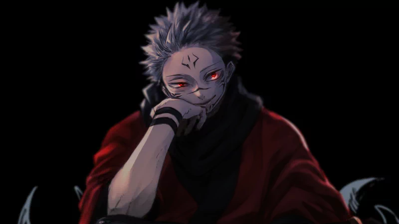Anime depiction of Sukuna from Jujutsu Kaisen: smirking with red eyes, facial curse markings, spiky hair and red cloak against a black background.