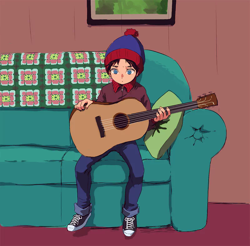 hat blue eyes couch guitar Stan Marsh TV Show South Park Image