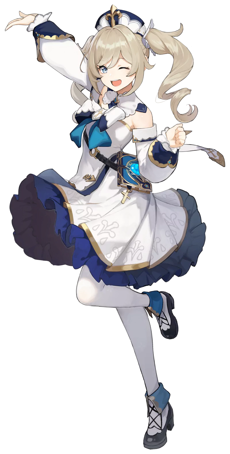 Barbara from the video game Genshin Impact is depicted in a dynamic pose, wearing her signature white and blue outfit with a cheerful expression.