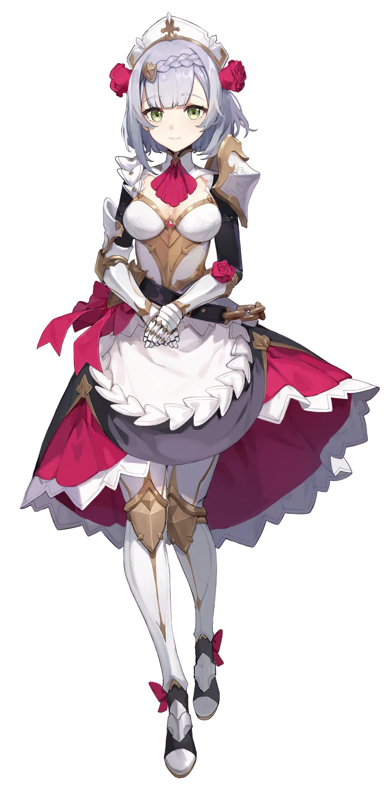 Noelle from the video game Genshin Impact in her maid-inspired armor: silver hair, rose accents, white-and-pink dress with apron, gauntlets and greaves, hands clasped politely.