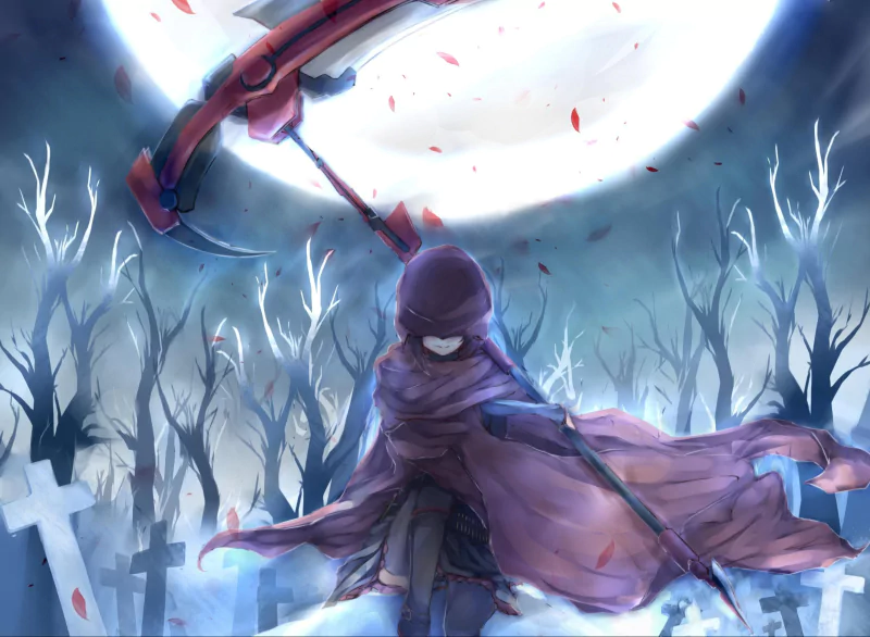 Anime-style image of Ruby Rose from RWBY wielding her iconic scythe weapon, wearing a hooded cloak in a graveyard under a bright full moon.