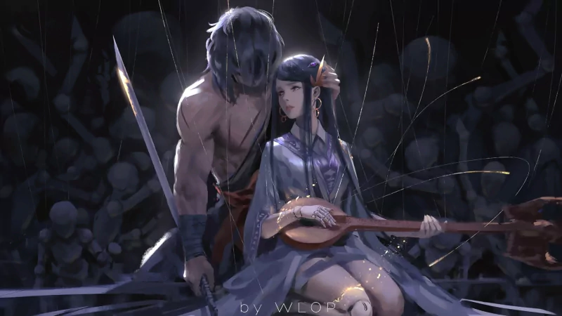A dramatic scene from the GhostBlade comic shows a shirtless warrior holding a delicate woman with a lute, enveloped in dark, mysterious lighting.
