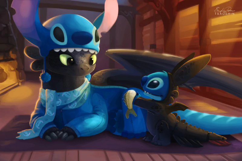 Toothless and Stitch dressed in cozy costumes, blending the worlds of Lilo & Stitch and How to Train Your Dragon: The Hidden World in a charming crossover scene.