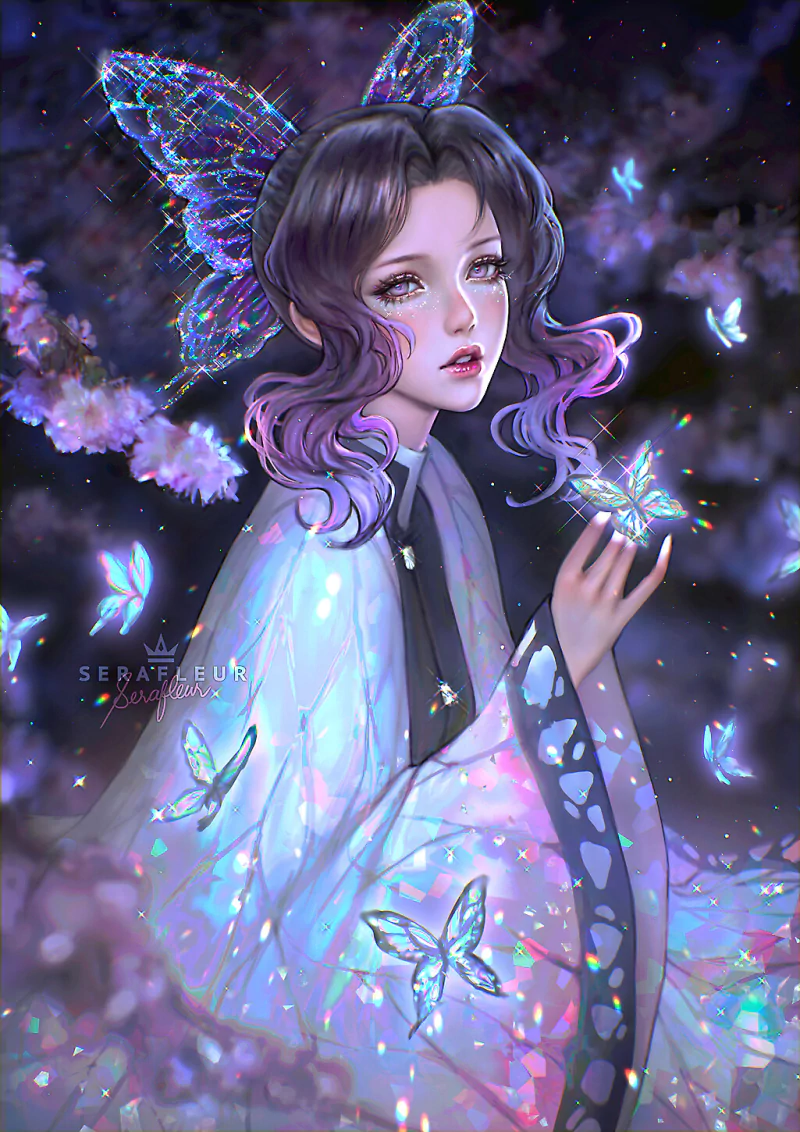 Anime-style illustration of Shinobu Kocho from Demon Slayer: Kimetsu no Yaiba, surrounded by glowing butterflies in a mystical, dark floral setting.
