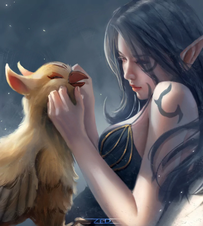 A fantasy elf with long dark hair gently caresses a large, bird-like creature, sharing a quiet, magical moment.