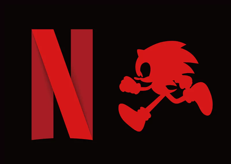Red Netflix logo beside a red Sonic the Hedgehog silhouette running, promoting the TV show Sonic Prime.