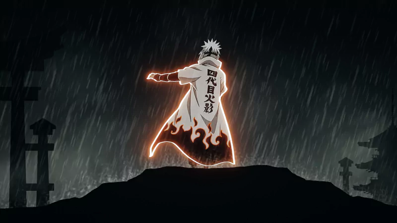 Minato Namikaze from the anime Naruto stands on a rain-swept ridge, glowing aura and Hokage cloak billowing as storm and shadowed gravestones loom behind him.