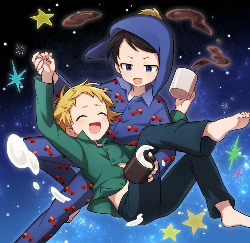 Cute fan art of South Park's Craig Tucker (black-haired, wearing a hat and crab pajamas) holding blonde Tweek Tweak in pajamas, both barefoot floating in a starry sky.