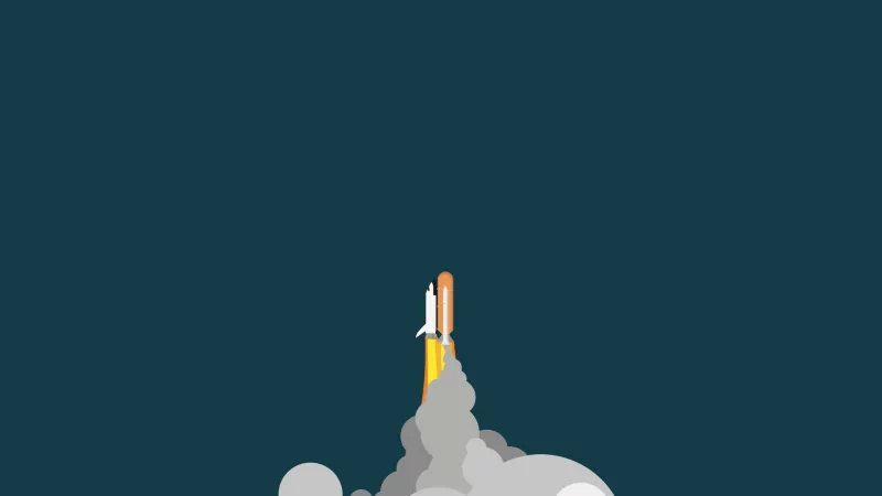 Artistic, minimalist illustration of a rocket launching against a dark blue background with smoke billowing beneath.