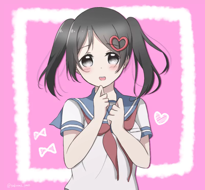 Hanako Yamada from Yandere Simulator — blushing anime schoolgirl in a sailor uniform with twin pigtails and a heart hairclip, clasping her hands against a pink background.