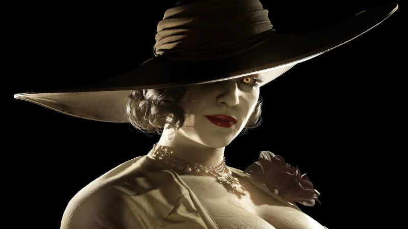 Alcina Dimitrescu from the video game Resident Evil Village wears a wide-brimmed hat and elegant attire, with a mysterious expression against a dark background.