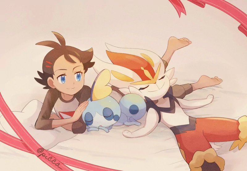 two-toned hair black hair blue eyes cute sleeping Sobble (Pokémon) pajamas feet Cinderace (Pokémon) Goh (Pokémon) Anime Pokemon cute anime Image