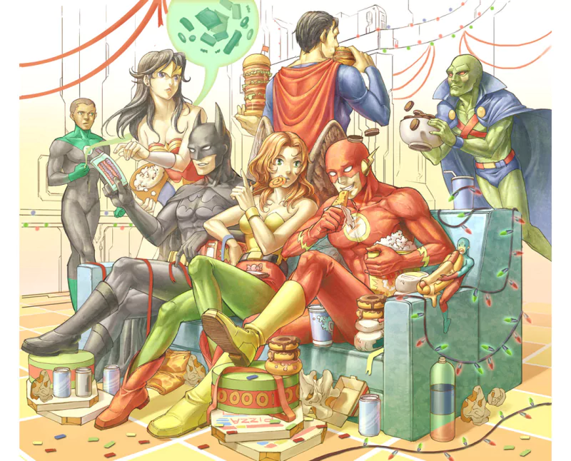Atom (DC Comics) Diana Prince food Green Lantern Hawkgirl (DC Comics) Wally West Superman John Stewart (Green Lantern) Wonder Woman Martian Manhunter Flash Comic Justice League Image