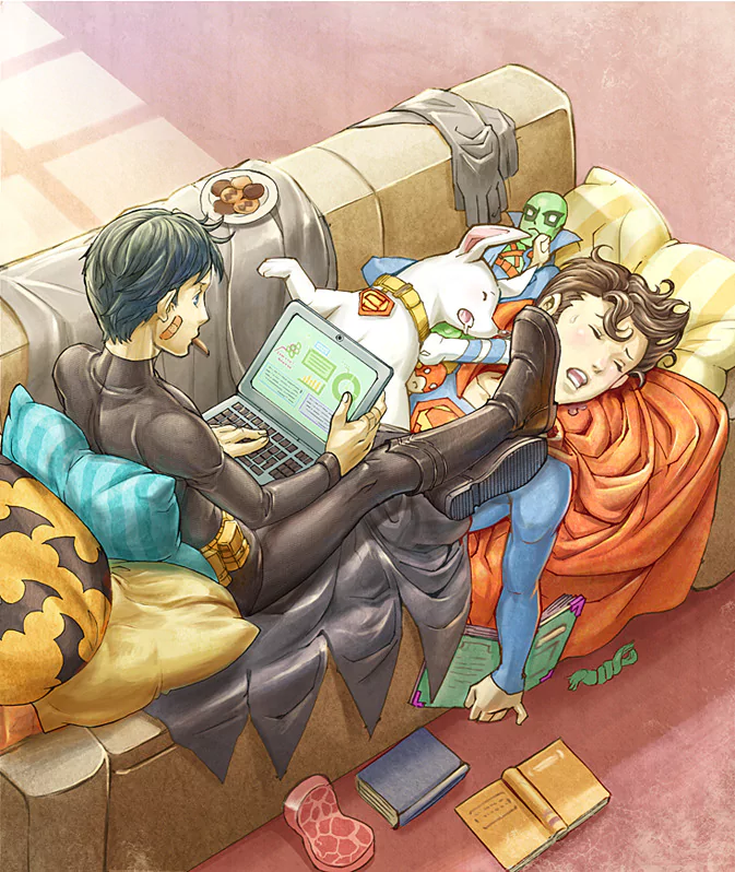 Flash Martian Manhunter Batman Superman sleeping Clark Kent Bruce Wayne Krypto (DC Comics) Comic superhero Image