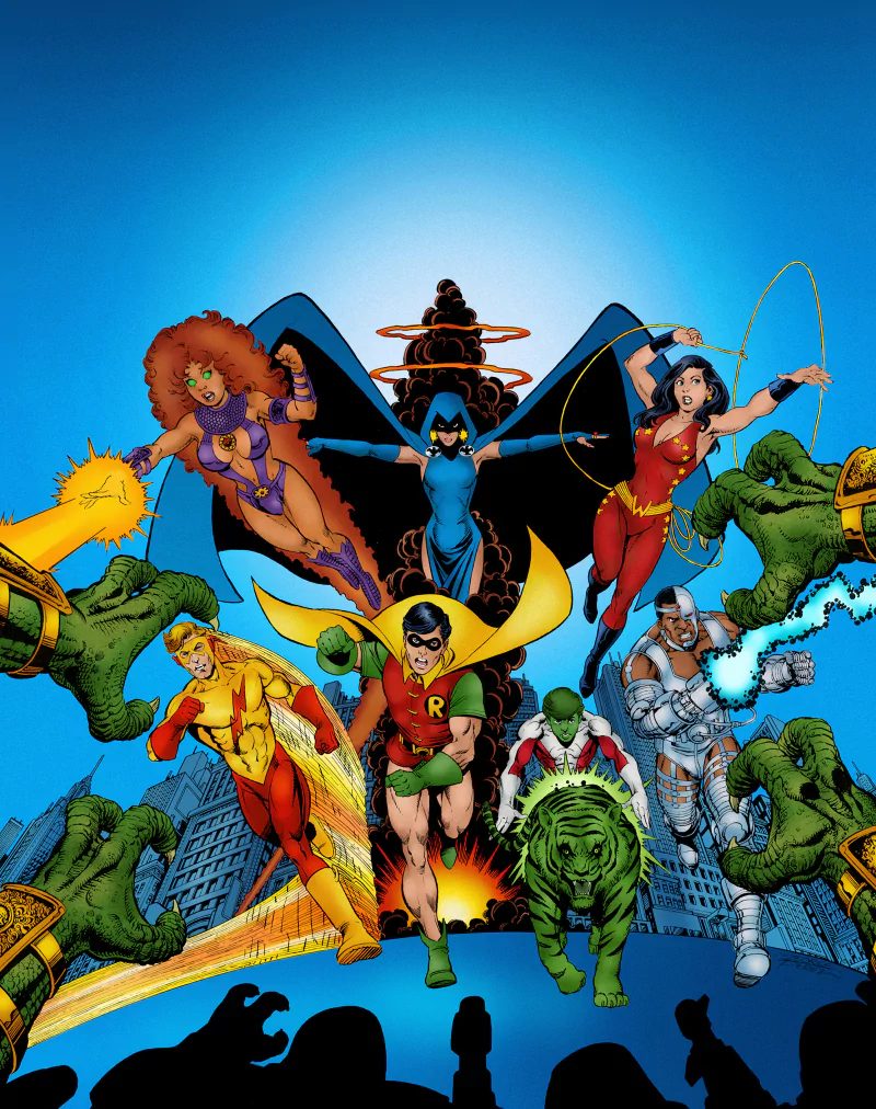 Koriand'r Garfield Logan Raven (DC Comics) Robin (DC Comics) Dick Grayson Cyborg (DC Comics) Beast Boy Wally West Kid Flash Donna Troy Wonder Girl Starfire (DC Comics) Comic Teen Titans Image