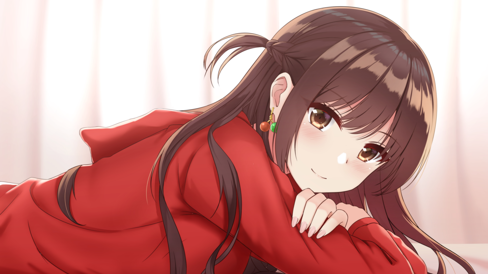 Chizuru Ichinose from the anime Kanojo Okarishimasu (Rent-A-Girlfriend) resting with a gentle smile, wearing a red hoodie in a softly lit room.