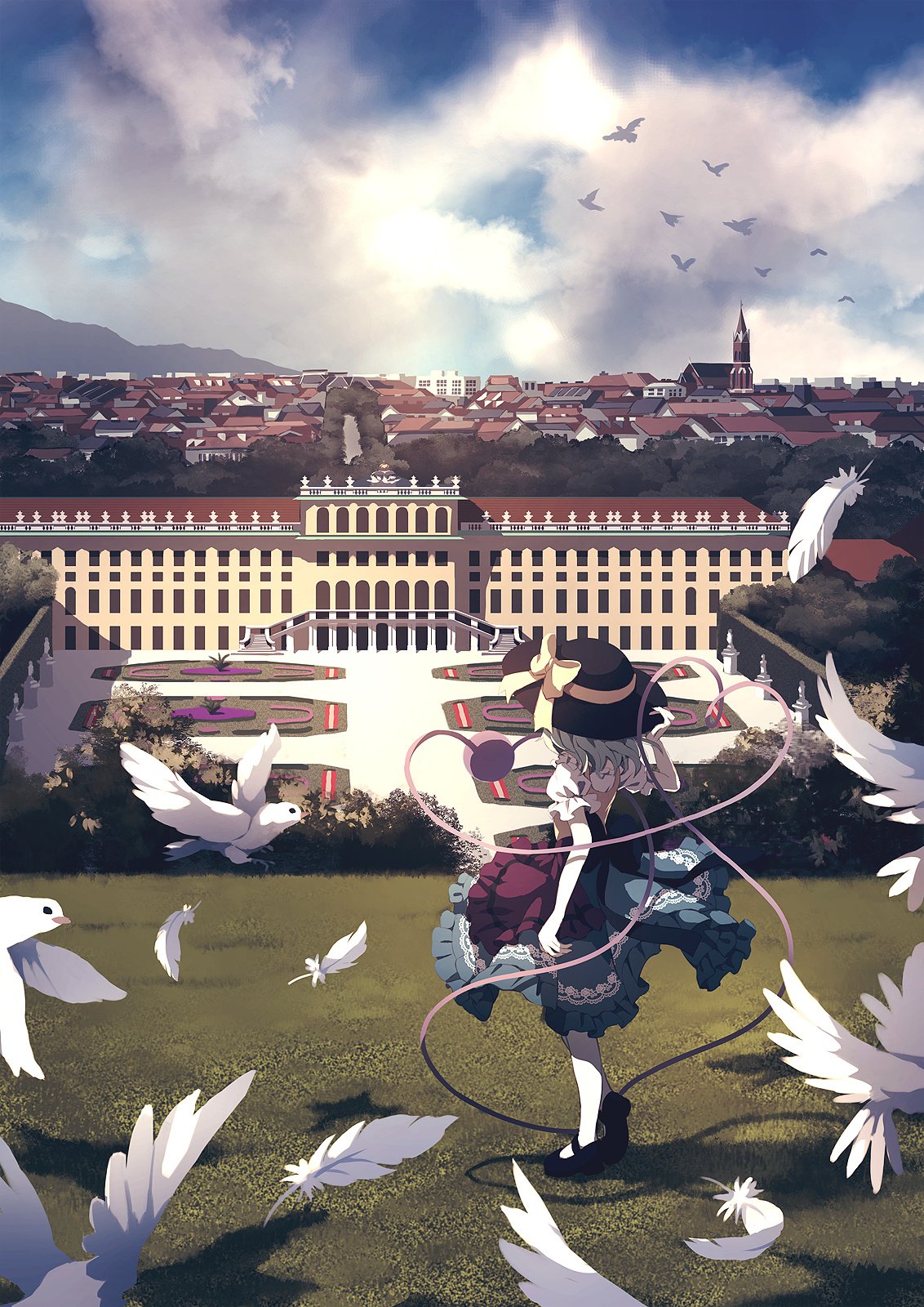 Koishi Komeiji from Touhou stands on a grassy hill overlooking ornate palace gardens and a distant city, white doves and drifting feathers swirling around her beneath a dramatic sky.