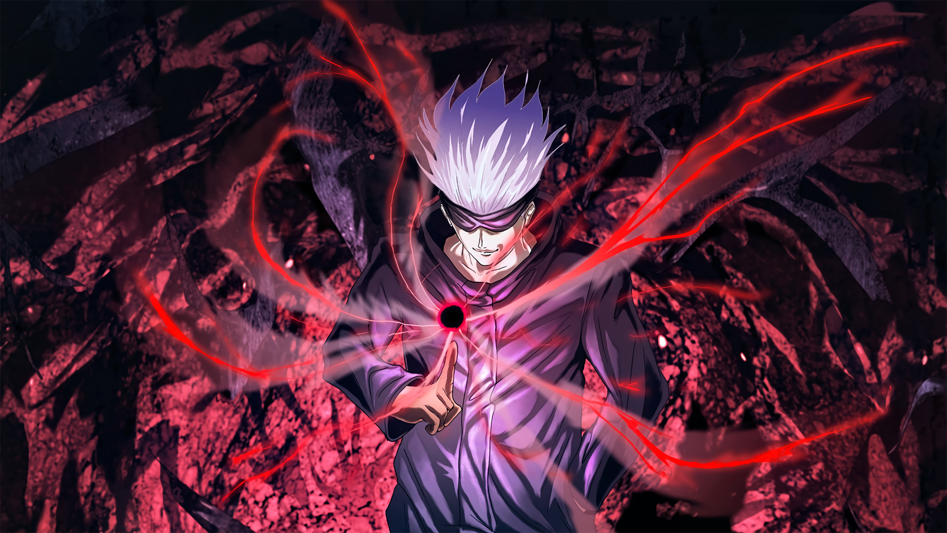 Satoru Gojo (Jujutsu Kaisen anime) blindfolded with white hair, standing in a shattered red-lit landscape as red cursed energy swirls from his outstretched hand.
