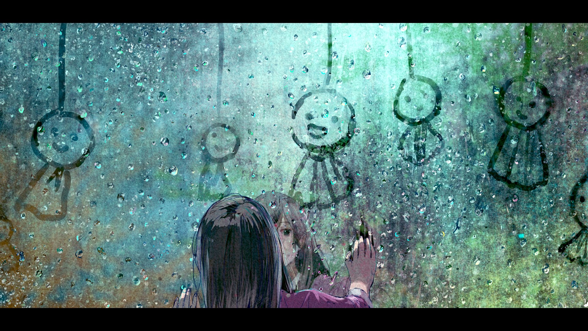 A girl in anime style touches a foggy glass, revealing drawn figures hanging on the other side. The scene combines colorful textures with a dreamy atmosphere.