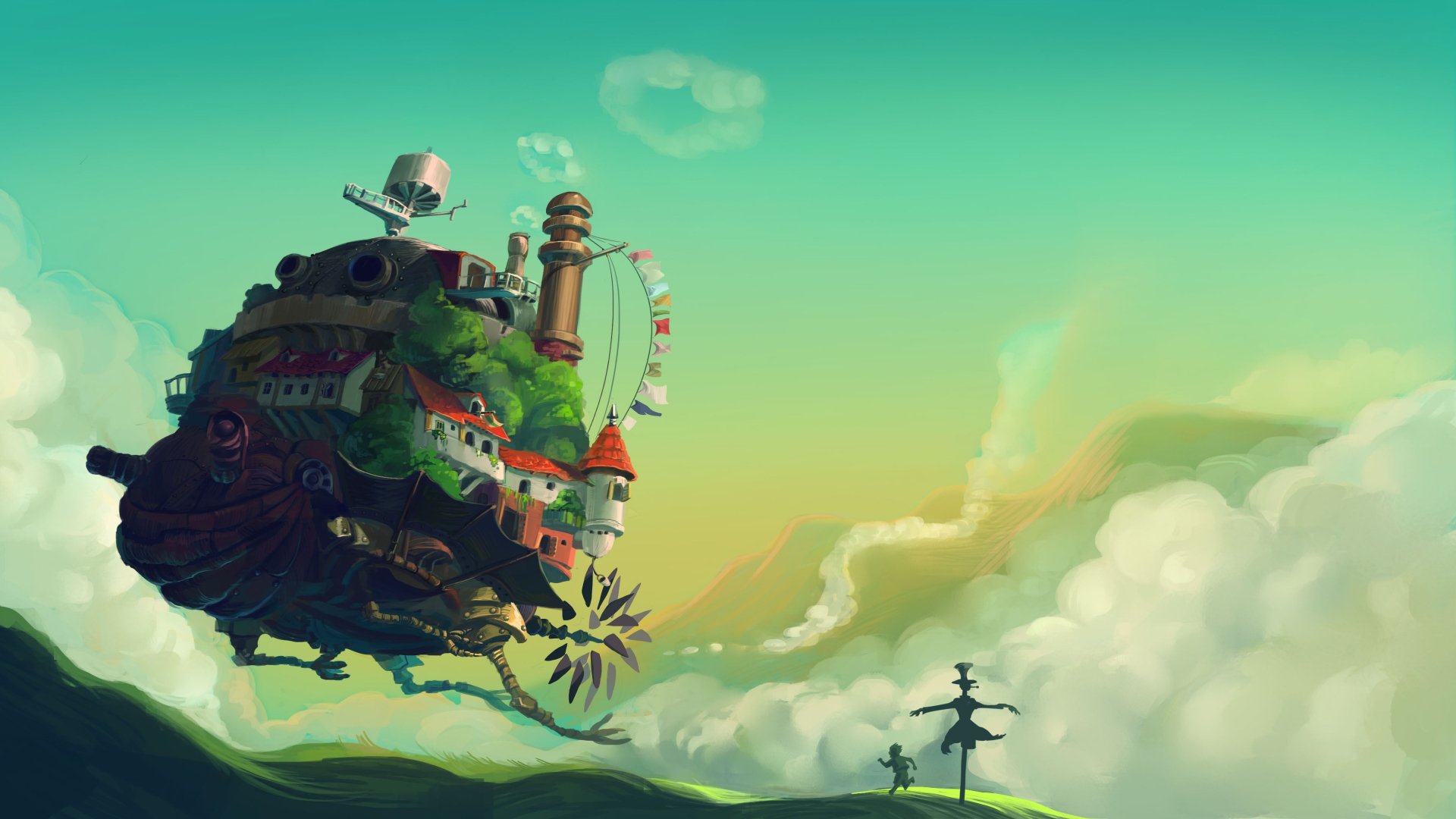 A whimsical landscape from the anime Howl's Moving Castle shows the iconic castle floating amidst clouds, with vibrant colors and a distant figure gazing in awe.