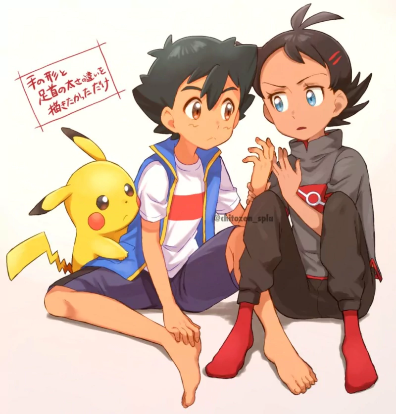 shorts brown eyes blue eyes socks feet black hair hand Pikachu Goh (Pokémon) Ash Ketchum Anime Pokemon Image