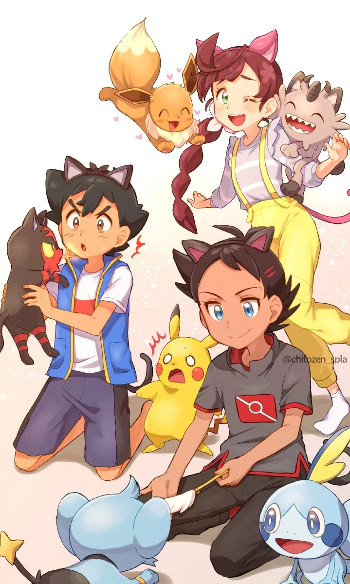 two-toned hair animal ears Shinx (Pokémon) Galarian Meowth green eyes Litten (Pokémon) brown eyes blue eyes Pikachu Eevee (Pokémon) Sobble (Pokémon) Chloe (Pokémon) Goh (Pokémon) Ash Ketchum Anime Pokemon Image