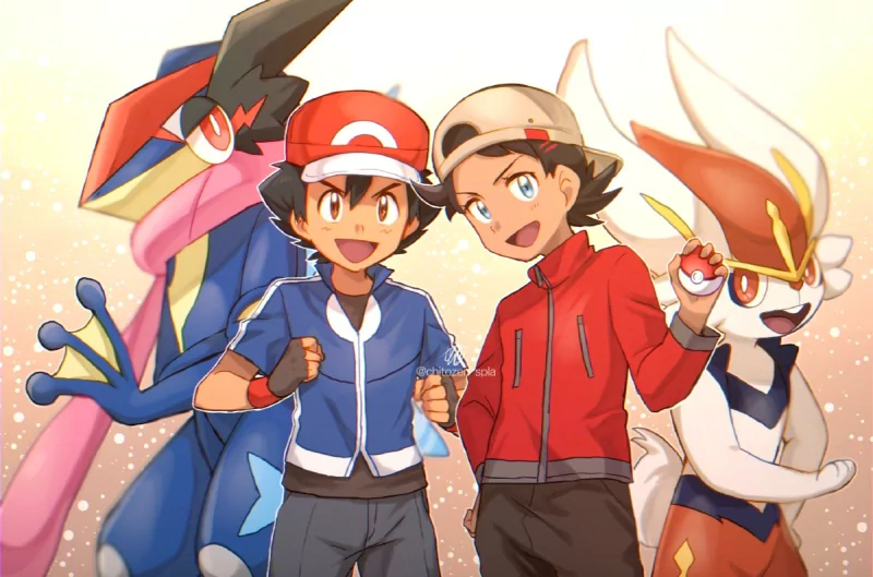 brown eyes blue eyes cap black hair pokeball Goh (Pokémon) Cinderace (Pokémon) Ash Ketchum Greninja (Pokémon) Anime Pokemon Image