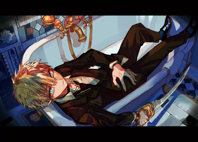 Anime character Minamoto Teru from Toilet-bound Hanako-kun reclines in a vintage bathtub, wearing a black suit, tousled blond hair and blue eyes, one hand on his chest in a moody tiled bathroom.