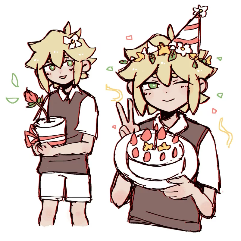 flower OMORI peace sign blonde birthday cake wink Basil (Omori) video game Image