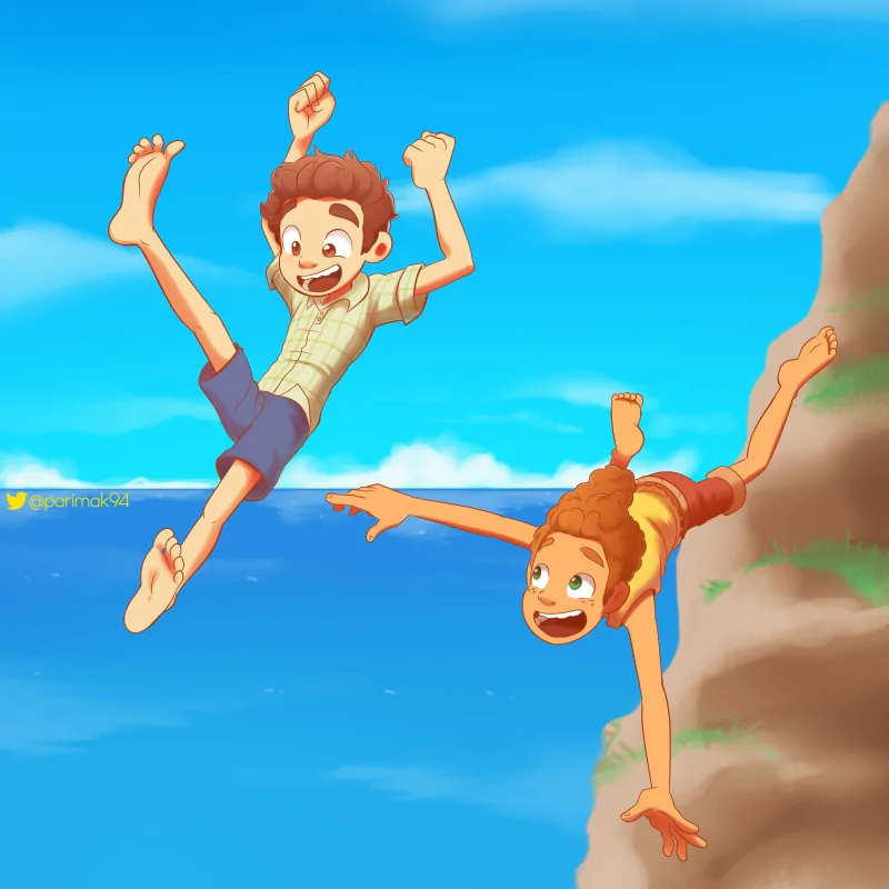 Alberto Scorfano Luca Paguro brown eyes green eyes shirt smile legs feet shorts brown hair sky Luca (Movie) movie Luca Image