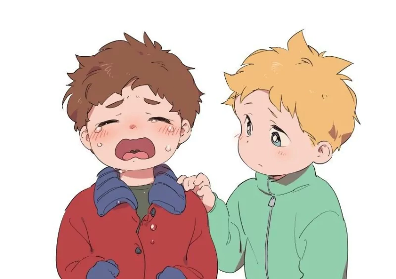 Clyde (brown hair) crying as Butters (blonde) comforts him — two characters from the TV show South Park.