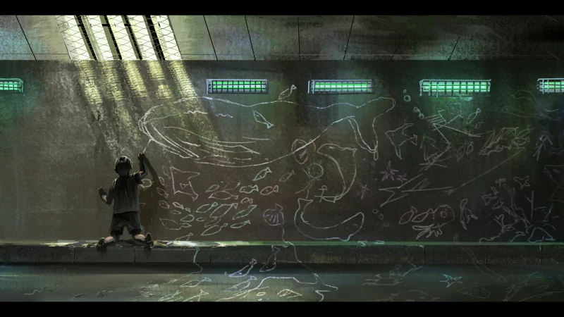An original anime scene depicts a figure standing in a dimly lit space, creating colorful chalk drawings on a concrete wall, illuminated by green lights above.