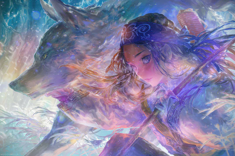 Asirpa and Retar from Golden Kamuy beside a fox in a luminous, painterly anime scene, feathers and swirling light blending around them.
