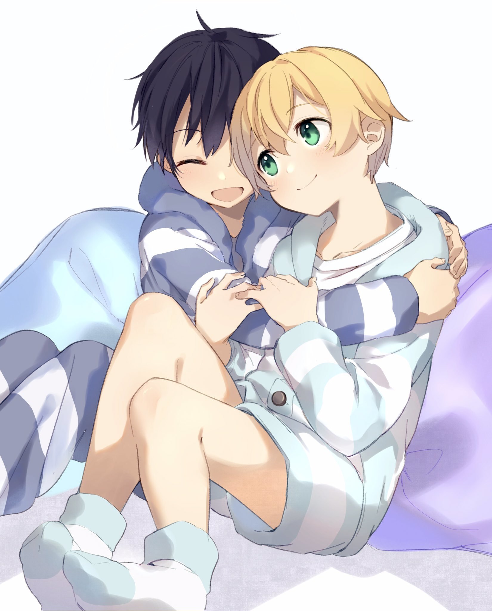 Download Cute Green Eyes Legs Black Hair Blonde Hug Socks Pajamas Eugeo (Sword Art Online) Kirito (Sword Art Online) Anime Sword Art Online: Alicization Cute Anime Art