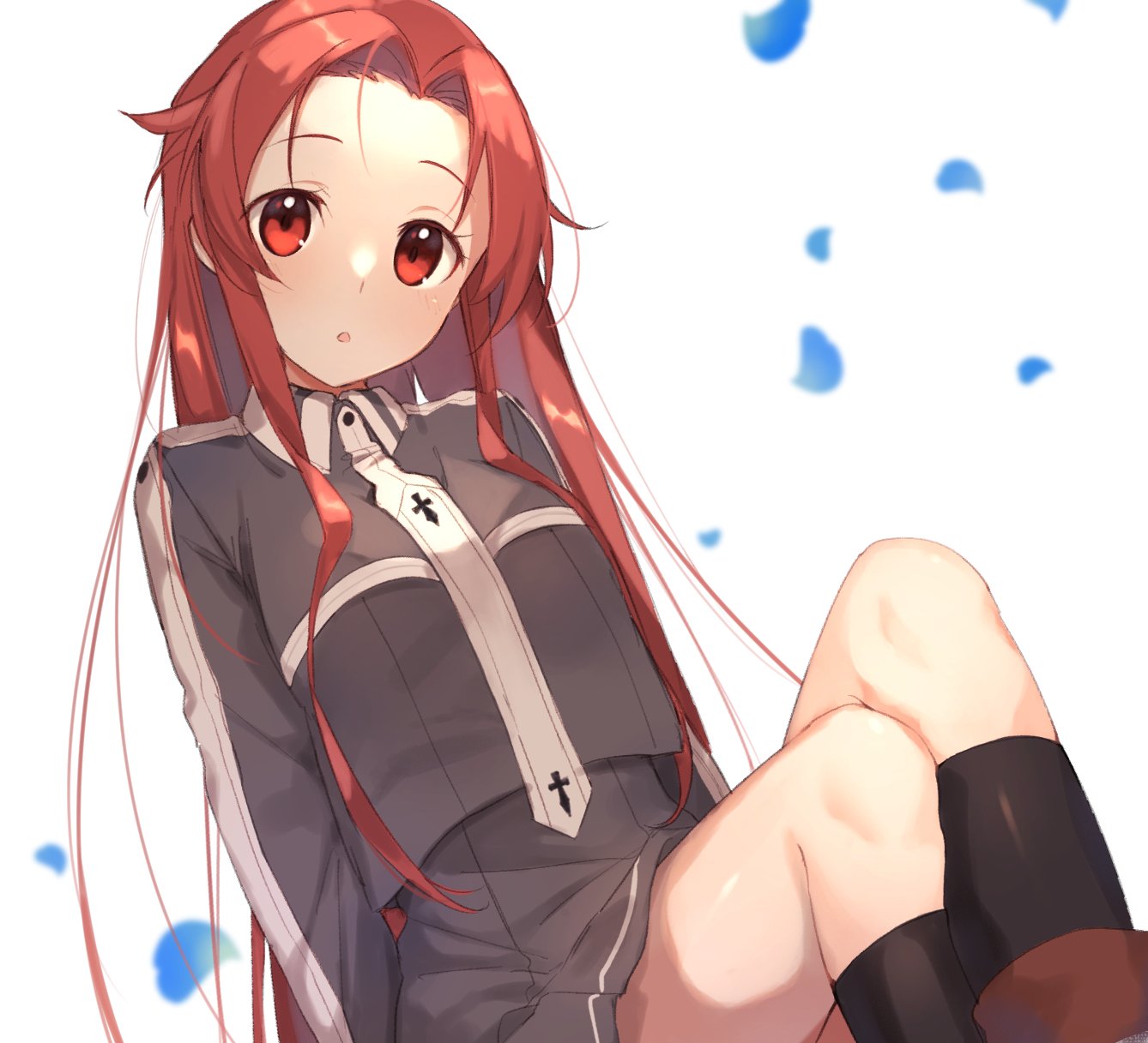 Tiese Shtolienen from Sword Art Online: Alicization with long red hair and red eyes, dressed in a dark uniform, sitting against a white background with blue petals.