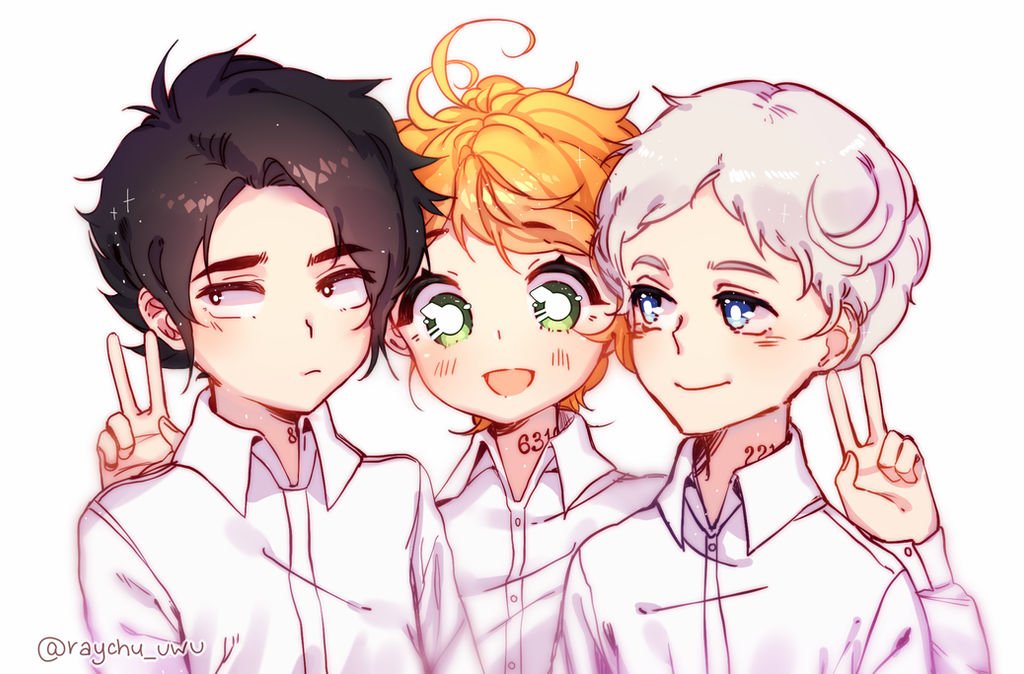 Emma, Norman, and Ray from The Promised Neverland stand shoulder-to-shoulder in white shirts, smiling and flashing peace signs.