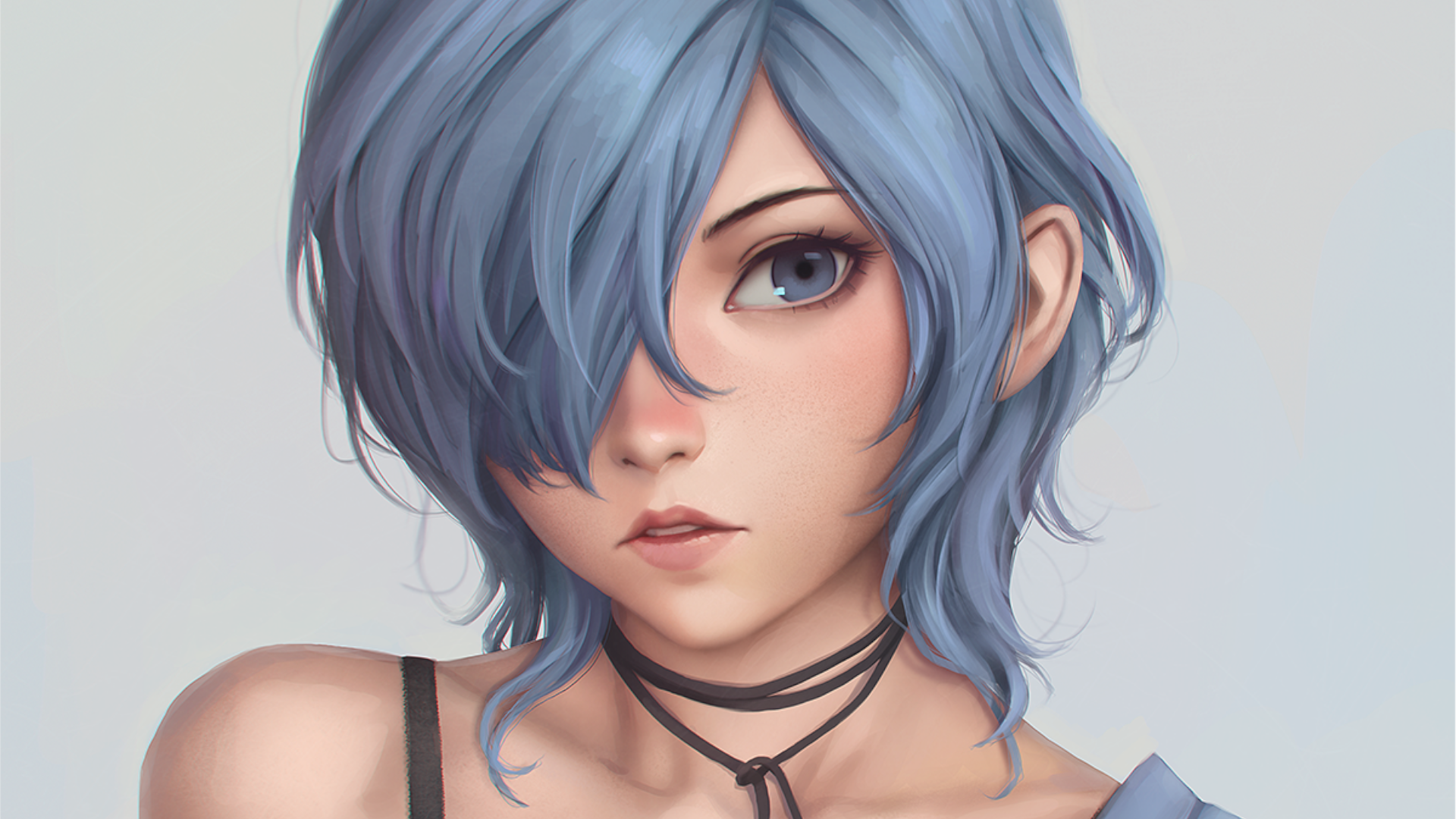 A close-up portrait of Touka Kirishima from the anime Tokyo Ghoul, featuring her signature blue hair and expressive eyes, capturing her intense character.