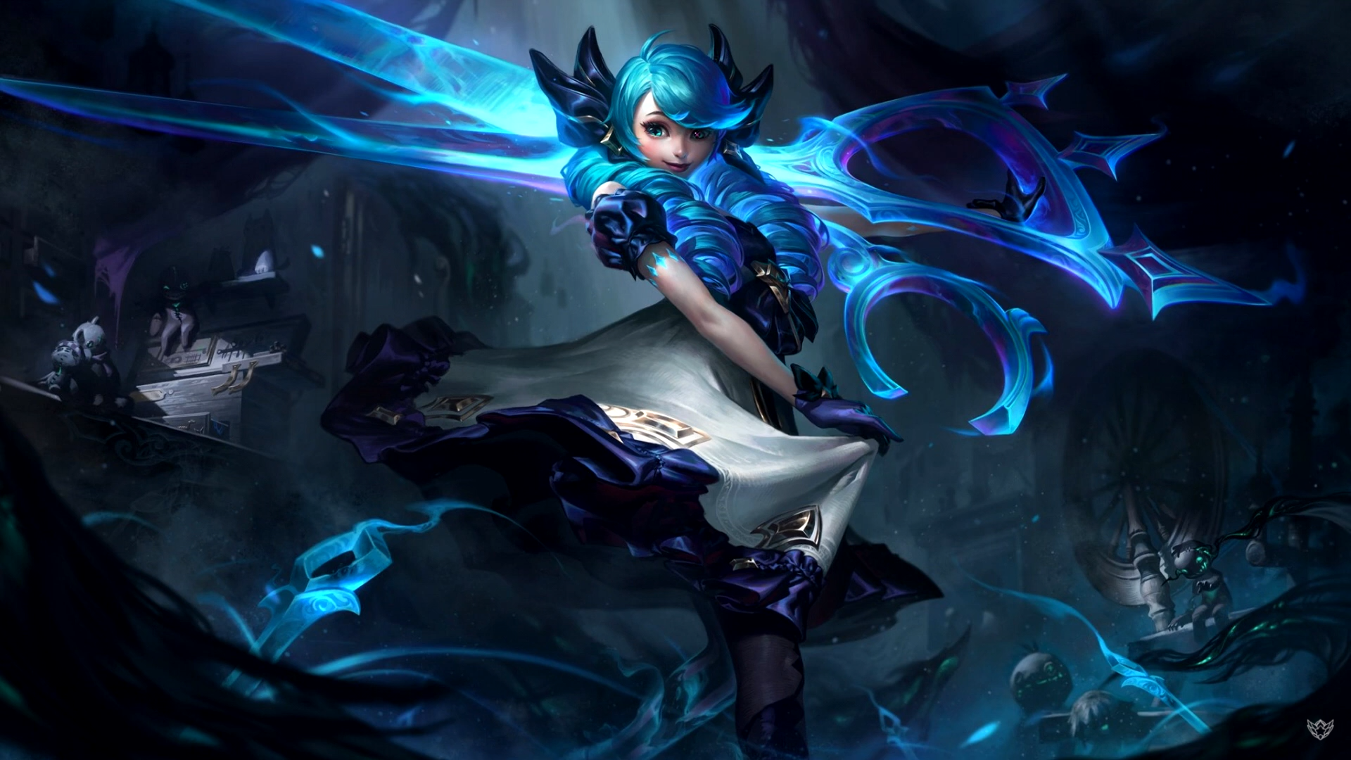Gwen (League of Legends) — blue‑haired dolllike champion wielding glowing scissors and spectral thread, midair attack in moody League of Legends video game splash art.