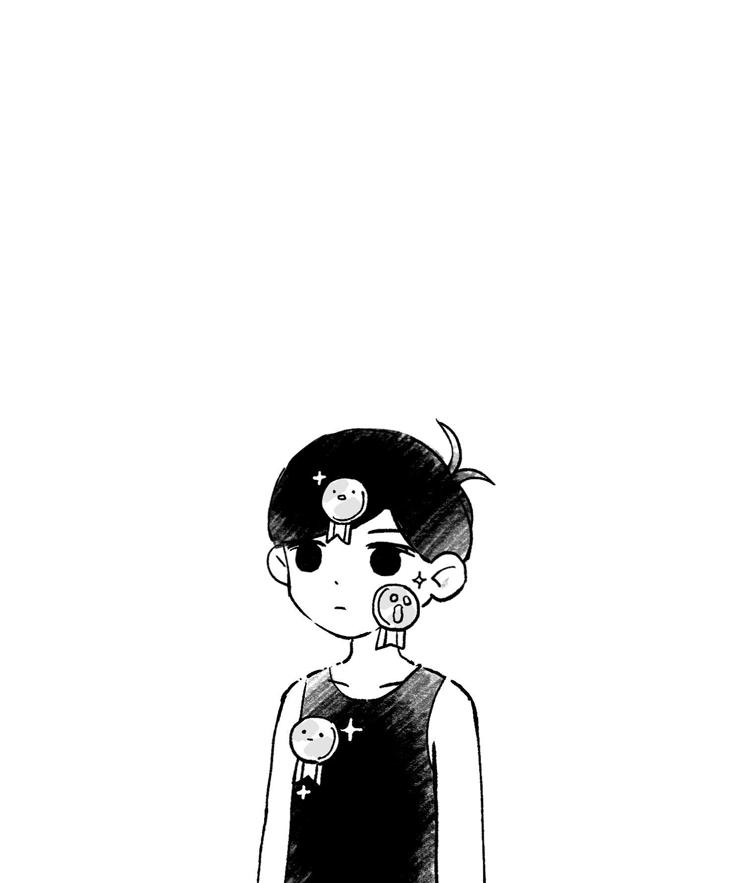 Black-and-white sketch of Omori (OMORI video game): expressionless boy with dark hair and round smiley stickers on his head, cheek, and shirt against a white background.